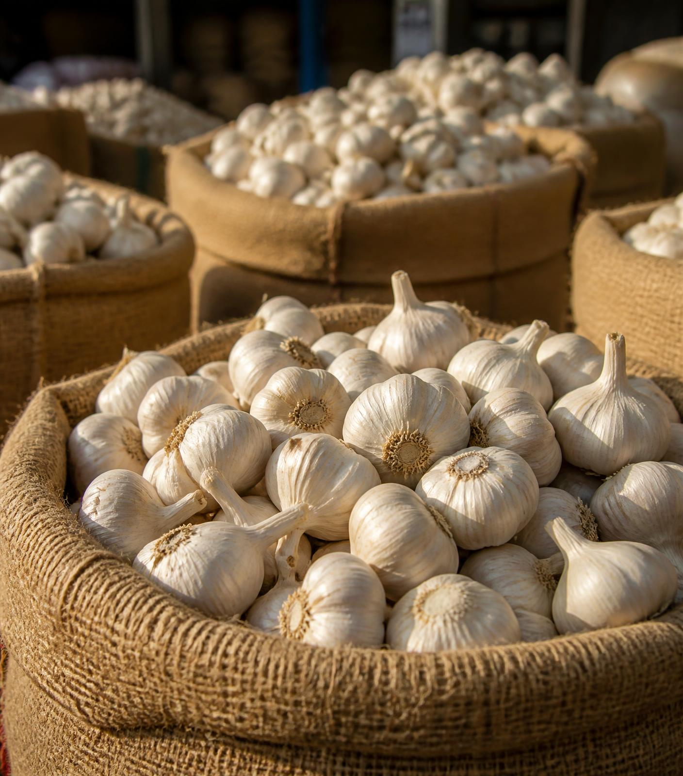 Garlic bulbs in jute sacks at an agricultural market